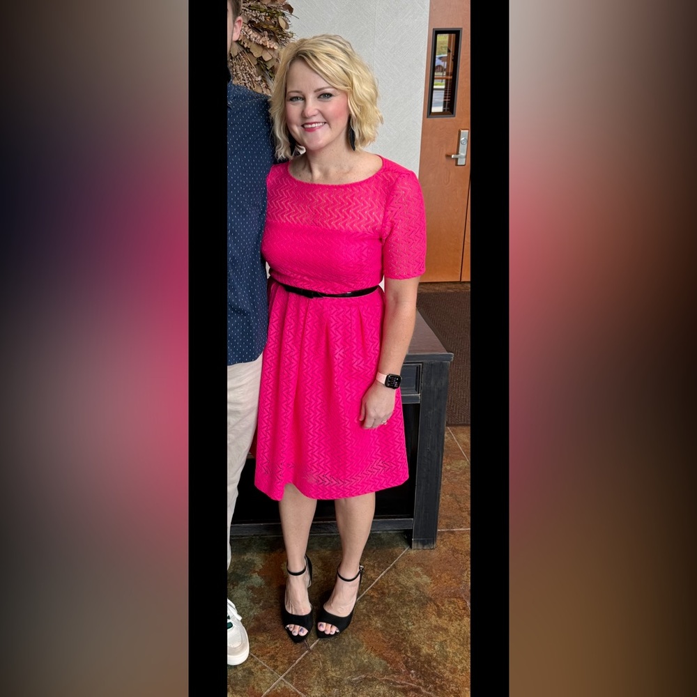 Alex Marie: Elegant Pink Lace Dress with Black Belt